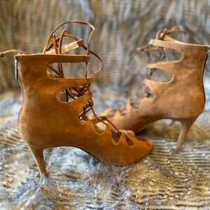 Women's Tan Suede Lace-Up Heels
